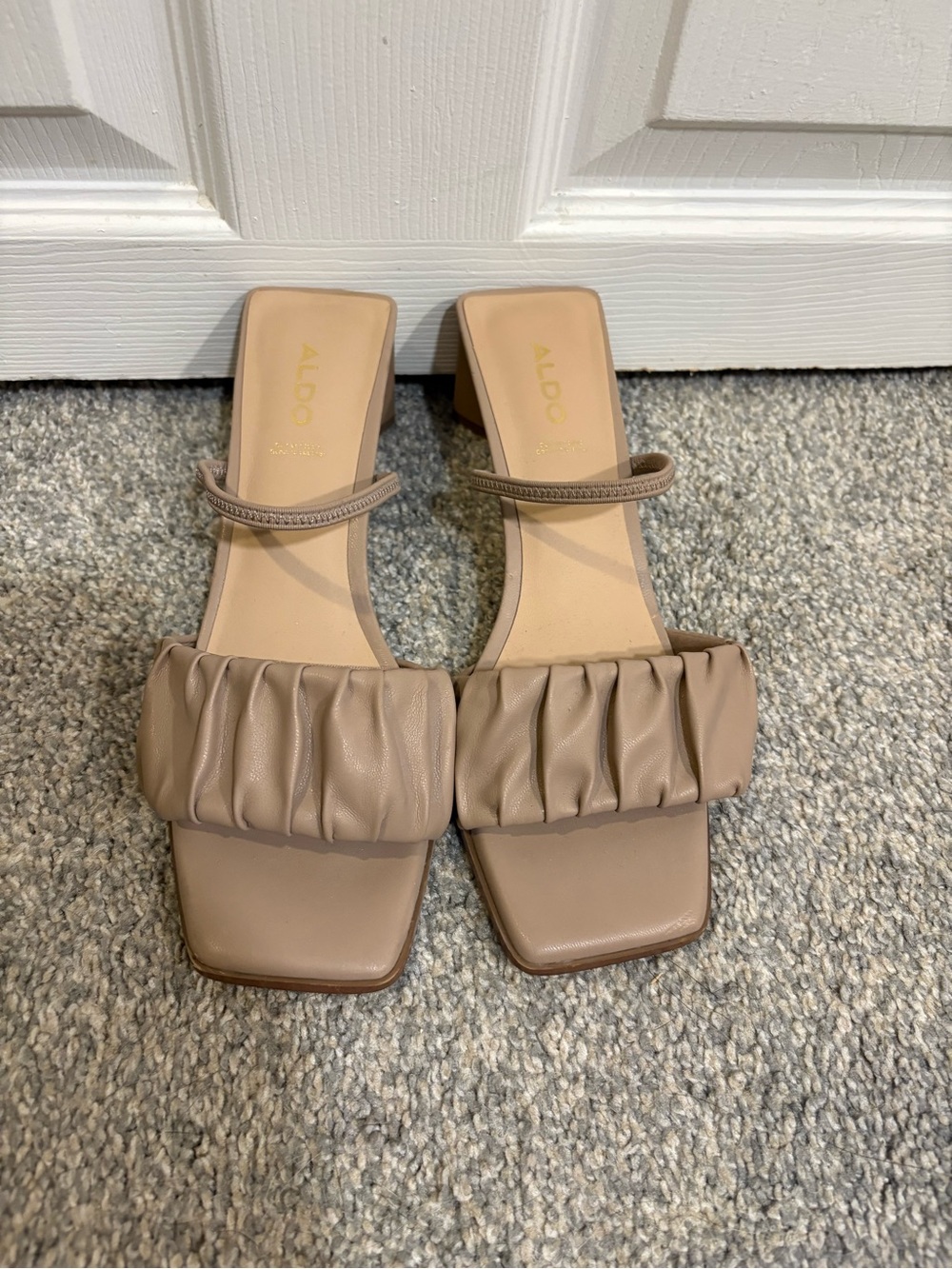 ALDO Ruched Strap Block Heel Sandals in Taupe Nude
